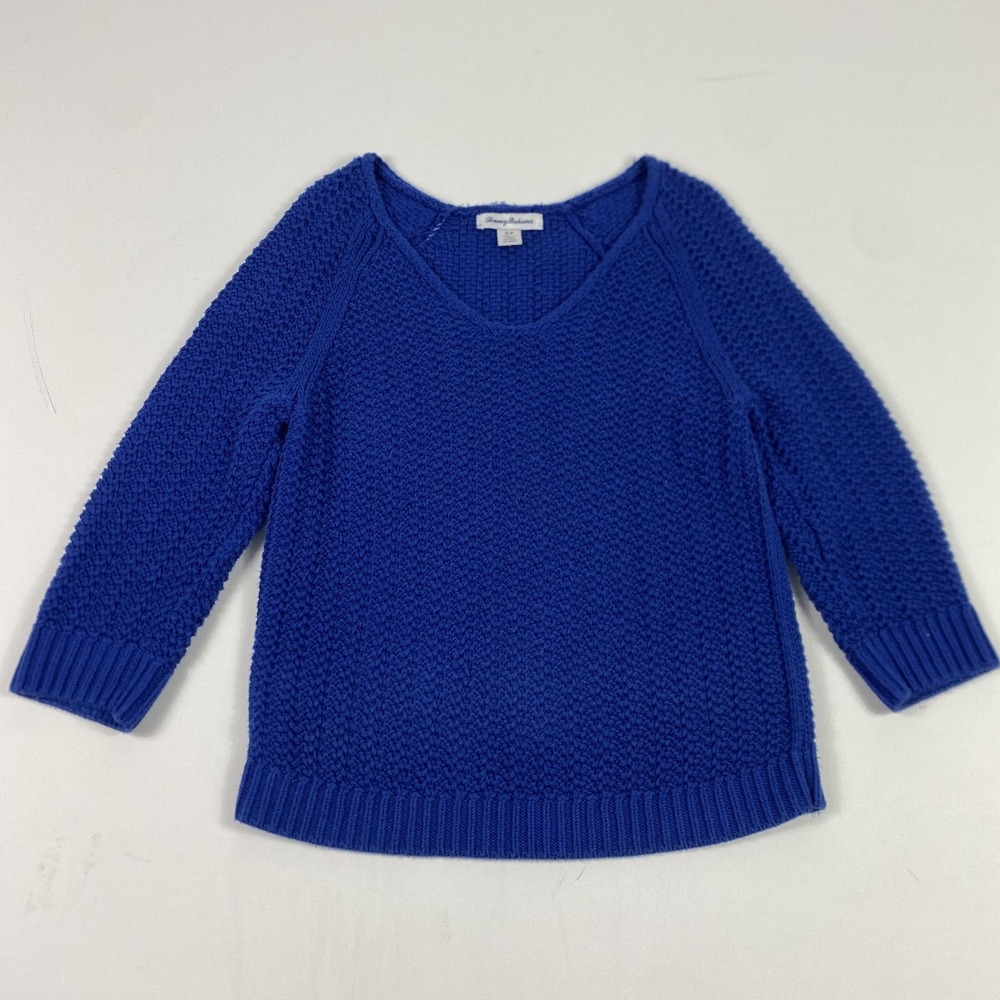 Tommy Bahama Sweater‎ Womens Small Blue V Neck Cotton Rayon Knit Pullover Chunky